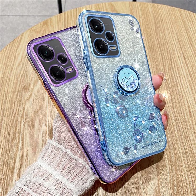 KADEM per Xiaomi Redmi Note 12 5G (Globale) / Poco X5 5G Fiore Custodia TPU Glitter Slim-Fit Ring Supporto Guscio Telefono - Viola