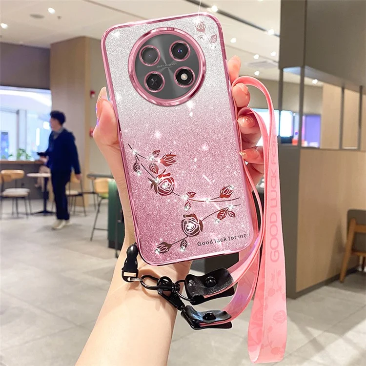 KADEM Für Huawei nova Y91 4G / Enjoy 60X Sturzsichere Hülle Glitzer-Rhinestone-Dekor Blumenmuster TPU Handyhülle mit Trageriemen - Roségold