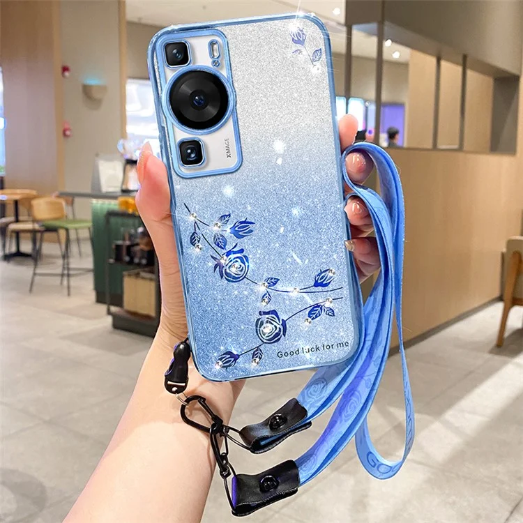 KADEM For Huawei P60 / P60 Pro Strap Design TPU Case Glitter Rhinestone Decor Flower Pattern Phone Cover - Blue