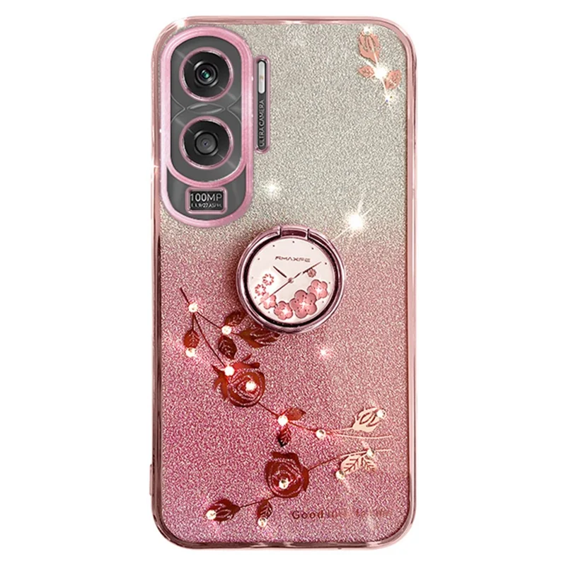 KADEM For Honor X50i 5G / Honor 90 Lite 5G Flower Decor TPU Cover Glitter Ring Kickstand Phone Case Shell - Rose Gold