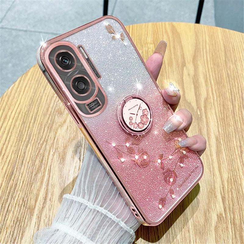 KADEM For Honor X50i 5G / Honor 90 Lite 5G Flower Decor TPU Cover Glitter Ring Kickstand Phone Case Shell - Rose Gold