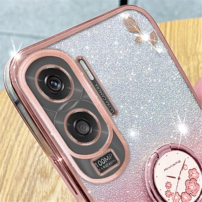 KADEM For Honor X50i 5G / Honor 90 Lite 5G Flower Decor TPU Cover Glitter Ring Kickstand Phone Case Shell - Rose Gold