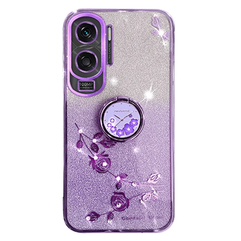 KADEM For Honor X50i 5G / Honor 90 Lite 5G Flower Decor TPU Cover Glitter Ring Kickstand Phone Case Shell - Purple
