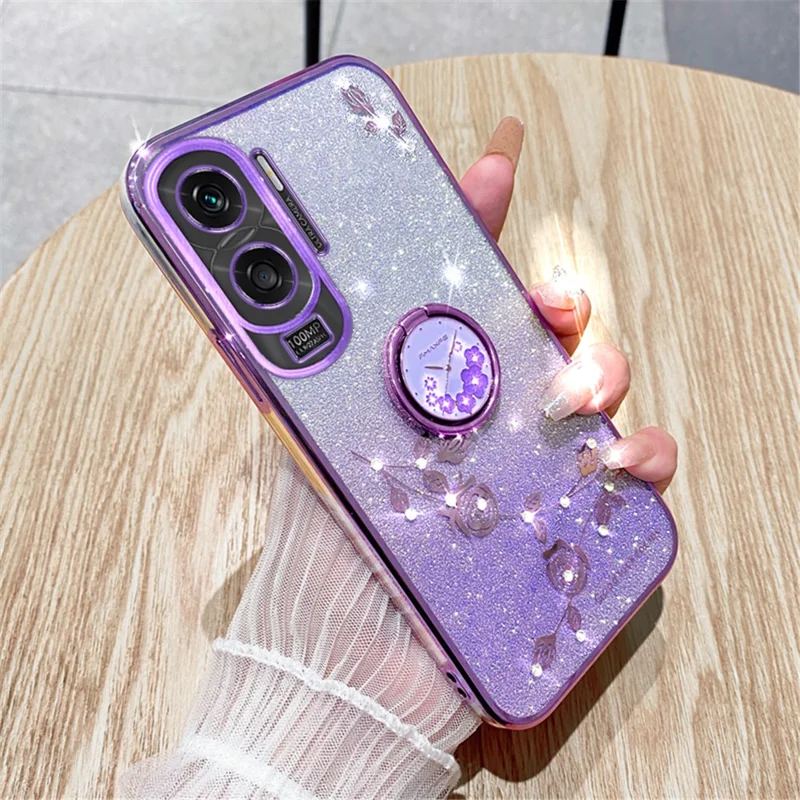 KADEM For Honor X50i 5G / Honor 90 Lite 5G Flower Decor TPU Cover Glitter Ring Kickstand Phone Case Shell - Purple