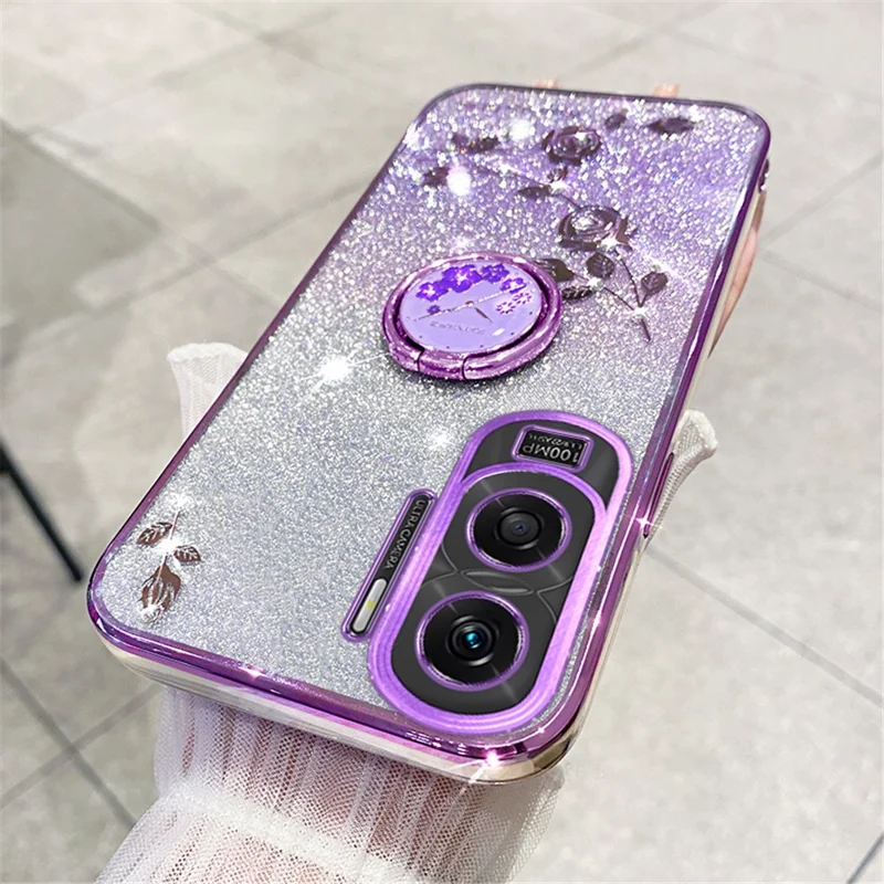 KADEM For Honor X50i 5G / Honor 90 Lite 5G Flower Decor TPU Cover Glitter Ring Kickstand Phone Case Shell - Purple