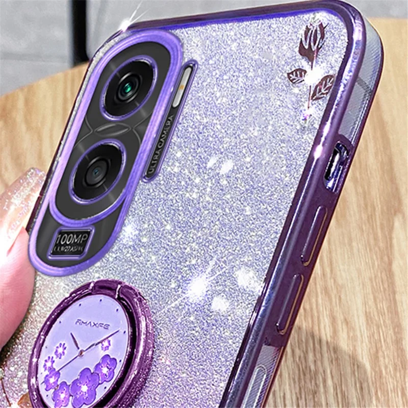 KADEM For Honor X50i 5G / Honor 90 Lite 5G Flower Decor TPU Cover Glitter Ring Kickstand Phone Case Shell - Purple