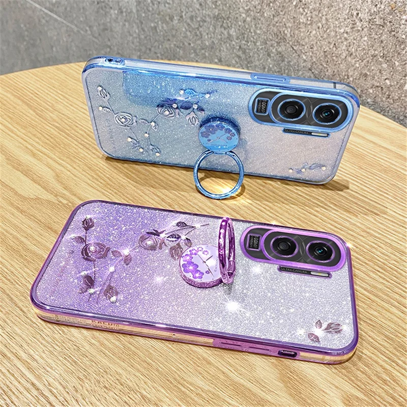 KADEM For Honor X50i 5G / Honor 90 Lite 5G Flower Decor TPU Cover Glitter Ring Kickstand Phone Case Shell - Purple