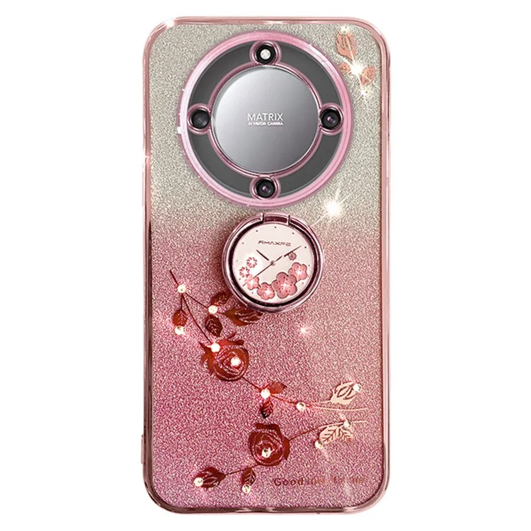 KADEM For Honor X40 5G / Magic5 Lite 5G / X9a 5G Blumendekoration TPU-Hülle Glitter-Telefonhülle mit Ständer - Roségold