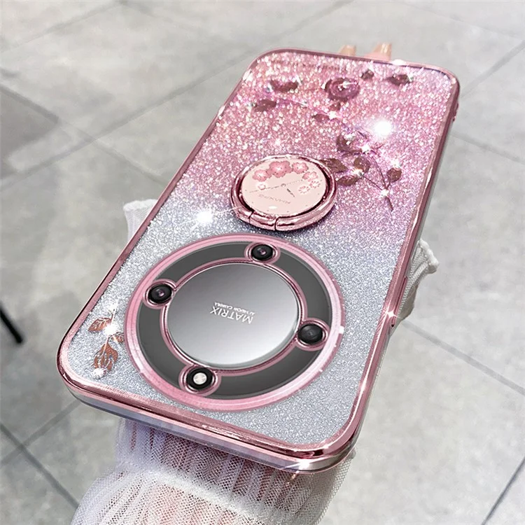 KADEM For Honor X40 5G / Magic5 Lite 5G / X9a 5G Blumendekoration TPU-Hülle Glitter-Telefonhülle mit Ständer - Roségold