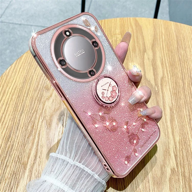 KADEM For Honor X40 5G / Magic5 Lite 5G / X9a 5G Blumendekoration TPU-Hülle Glitter-Telefonhülle mit Ständer - Roségold