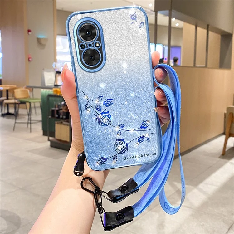 Capa TPU KADEM para Honor 50 SE / Huawei nova 9 SE / nova 9 SE 5G, Design de Alça com Decoração de Glitter Rhinestone Antirrisco - Azul