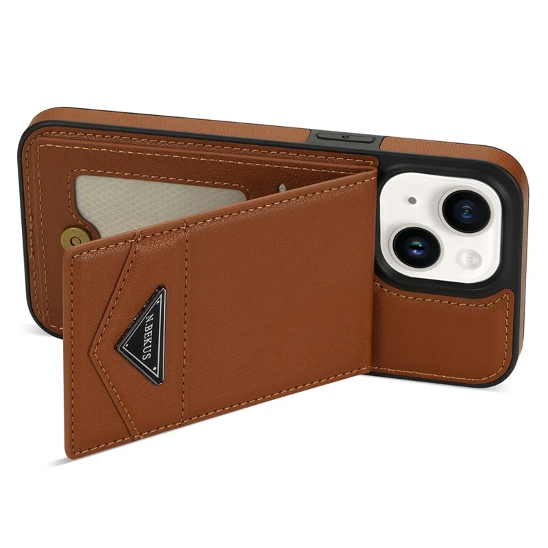 N.BEKUS Pour iPhone 14 Plus RFID Blocking PU Leather Coated TPU Phone Case Card Slots Kickstand Cover - Marron