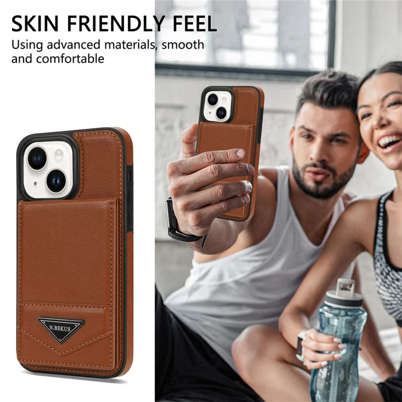 N.BEKUS Pour iPhone 14 Plus RFID Blocking PU Leather Coated TPU Phone Case Card Slots Kickstand Cover - Marron