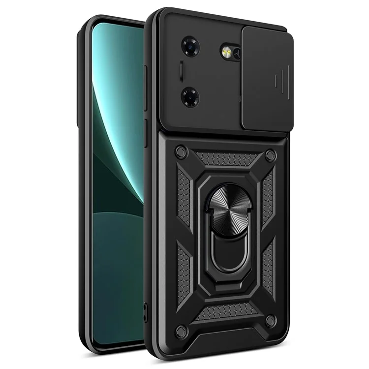 Для TECNO Pova 5 4G Slide Lens Protection Phone Case PC+TPU Kickstand Anti-Drop Cover - Чёрный
