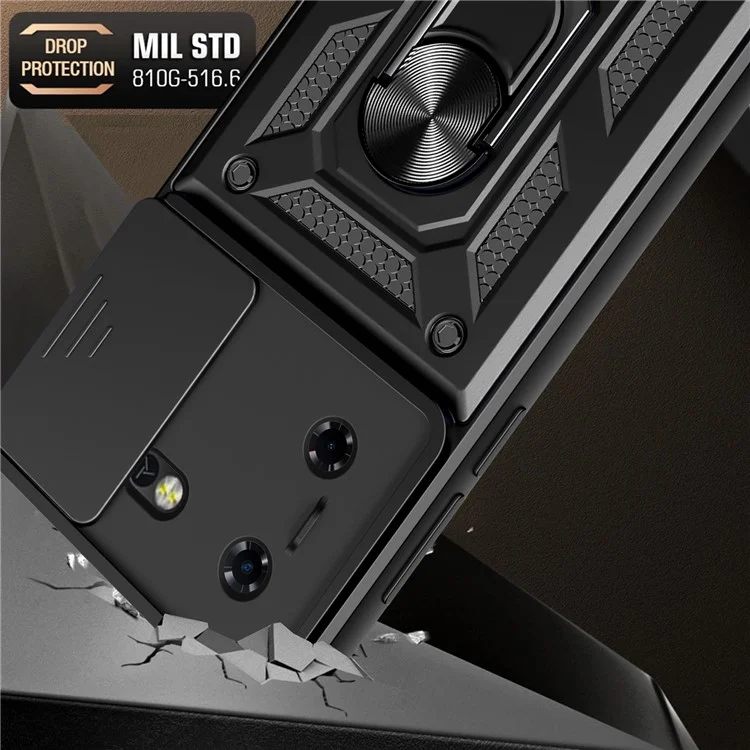 Для TECNO Pova 5 4G Slide Lens Protection Phone Case PC+TPU Kickstand Anti-Drop Cover - Чёрный