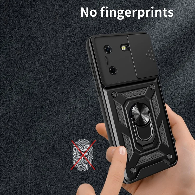 Для TECNO Pova 5 4G Slide Lens Protection Phone Case PC+TPU Kickstand Anti-Drop Cover - Чёрный
