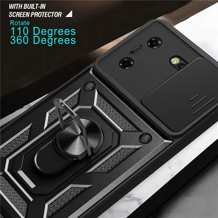 Для TECNO Pova 5 4G Slide Lens Protection Phone Case PC+TPU Kickstand Anti-Drop Cover - Чёрный