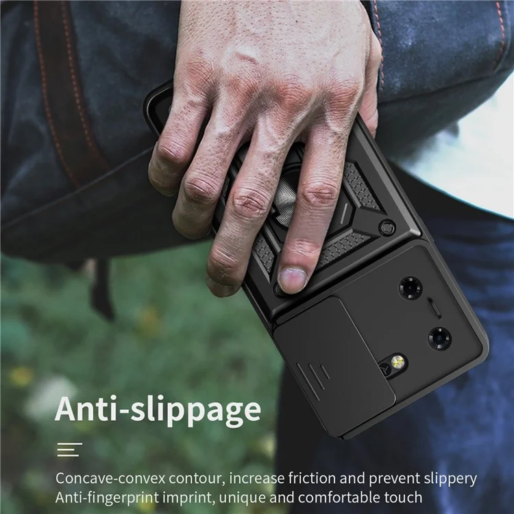 Для TECNO Pova 5 4G Slide Lens Protection Phone Case PC+TPU Kickstand Anti-Drop Cover - Чёрный