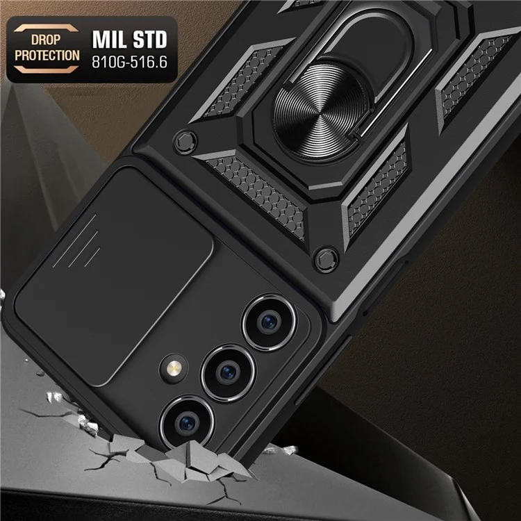 Per Samsung Galaxy S23 FE Slide Lens Lid PC+TPU Phone Case Ring Kickstand Back Cover - Nero
