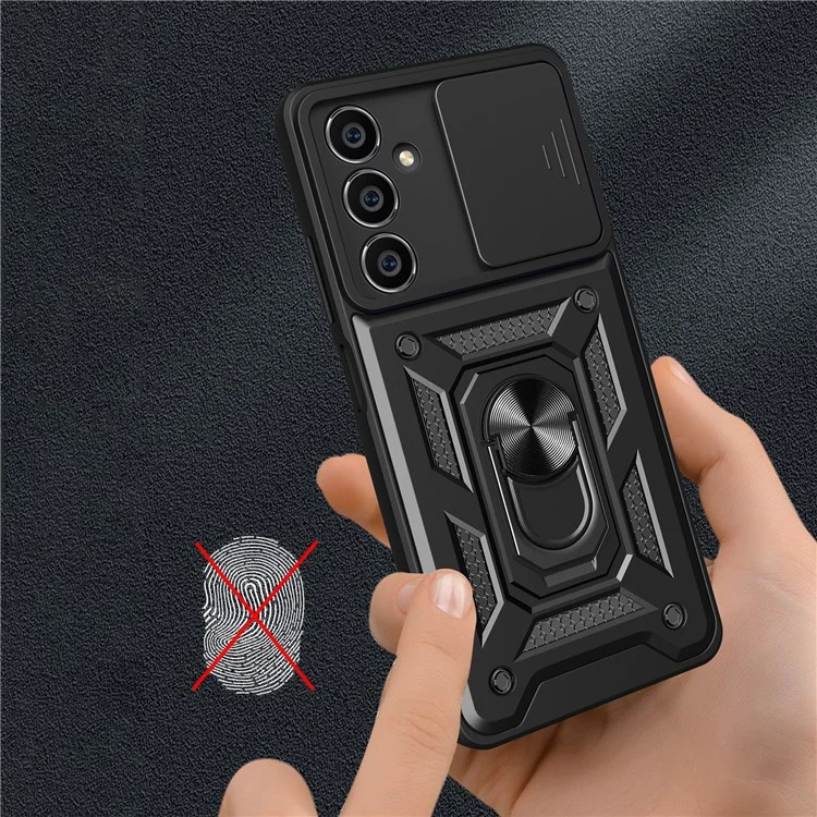 Per Samsung Galaxy S23 FE Slide Lens Lid PC+TPU Phone Case Ring Kickstand Back Cover - Nero