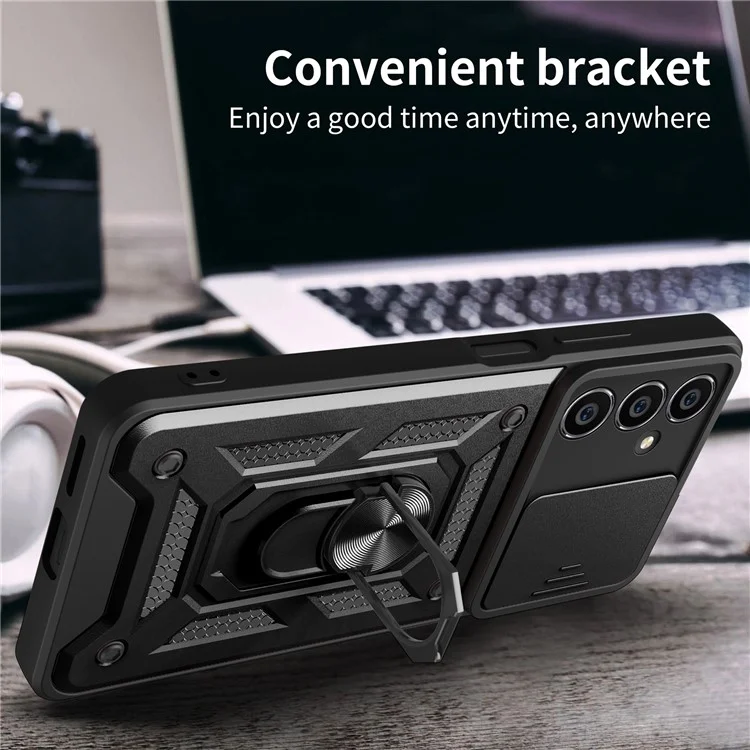 Per Samsung Galaxy S23 FE Slide Lens Lid PC+TPU Phone Case Ring Kickstand Back Cover - Nero