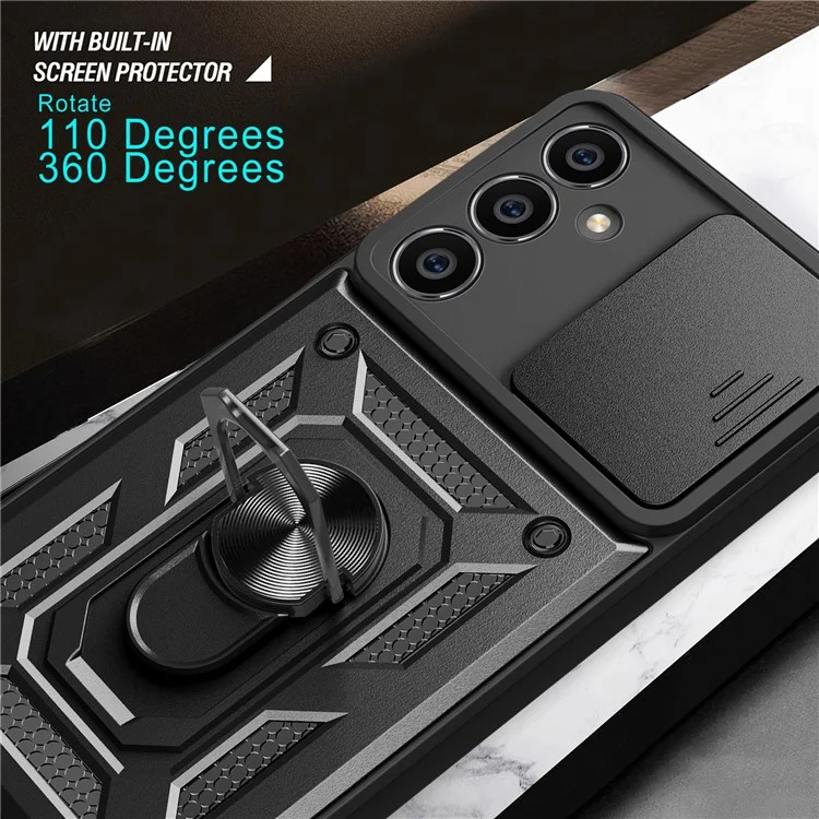 Per Samsung Galaxy S23 FE Slide Lens Lid PC+TPU Phone Case Ring Kickstand Back Cover - Nero