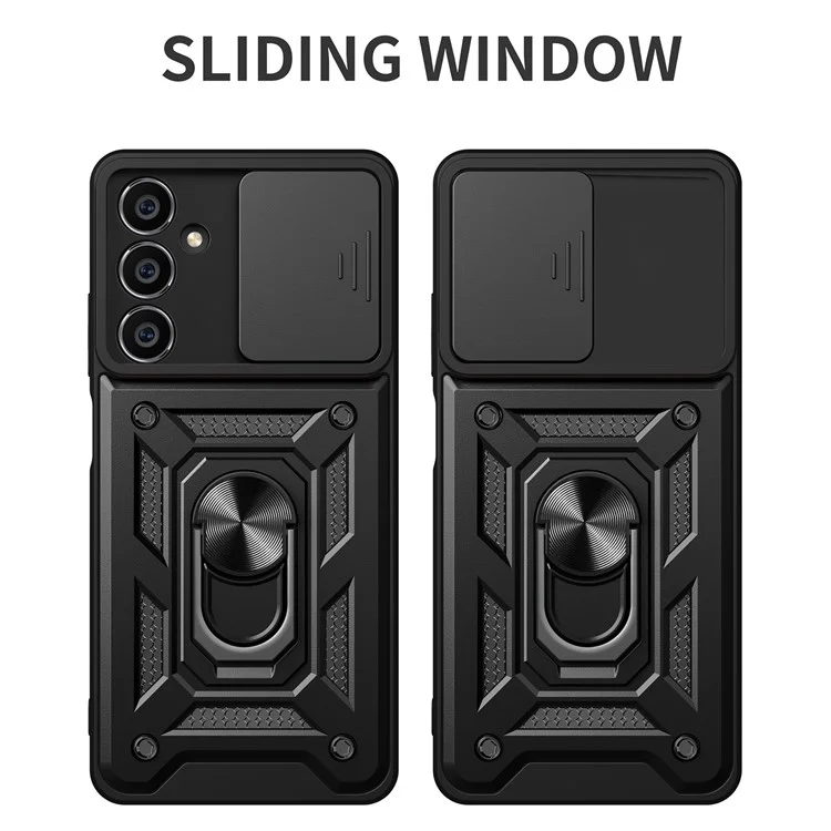 Per Samsung Galaxy S23 FE Slide Lens Lid PC+TPU Phone Case Ring Kickstand Back Cover - Nero
