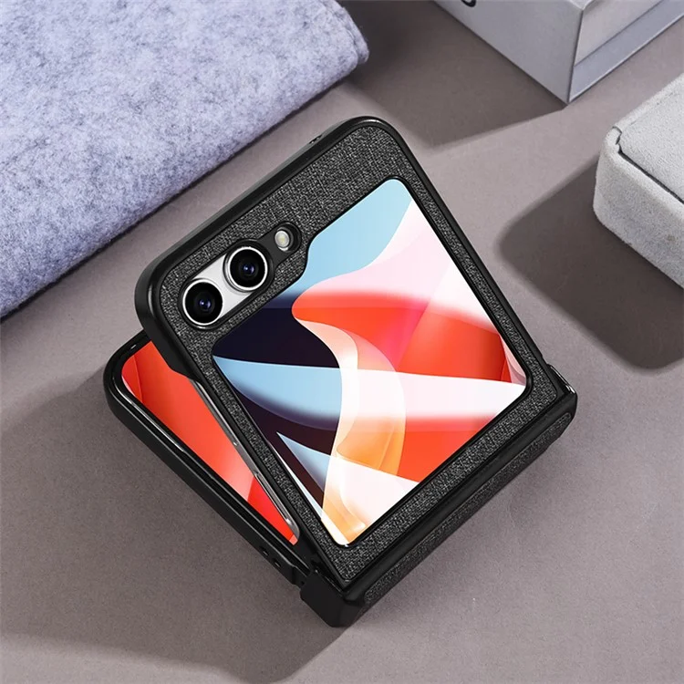 For Samsung Galaxy Z Flip5 5G Hinge Design Magnetic Case Cloth Texture Leather+PC Phone Cover with Tempered Glass Rear Screen Protector - Black