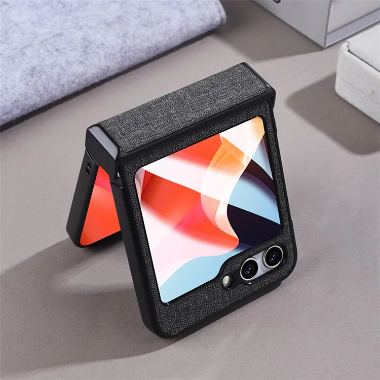 For Samsung Galaxy Z Flip5 5G Hinge Design Magnetic Case Cloth Texture Leather+PC Phone Cover with Tempered Glass Rear Screen Protector - Black