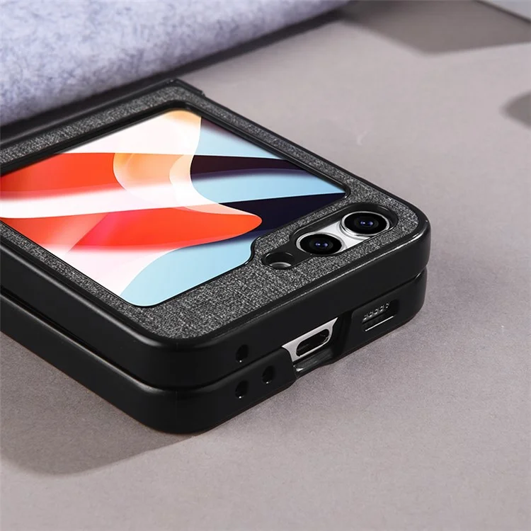 For Samsung Galaxy Z Flip5 5G Hinge Design Magnetic Case Cloth Texture Leather+PC Phone Cover with Tempered Glass Rear Screen Protector - Black