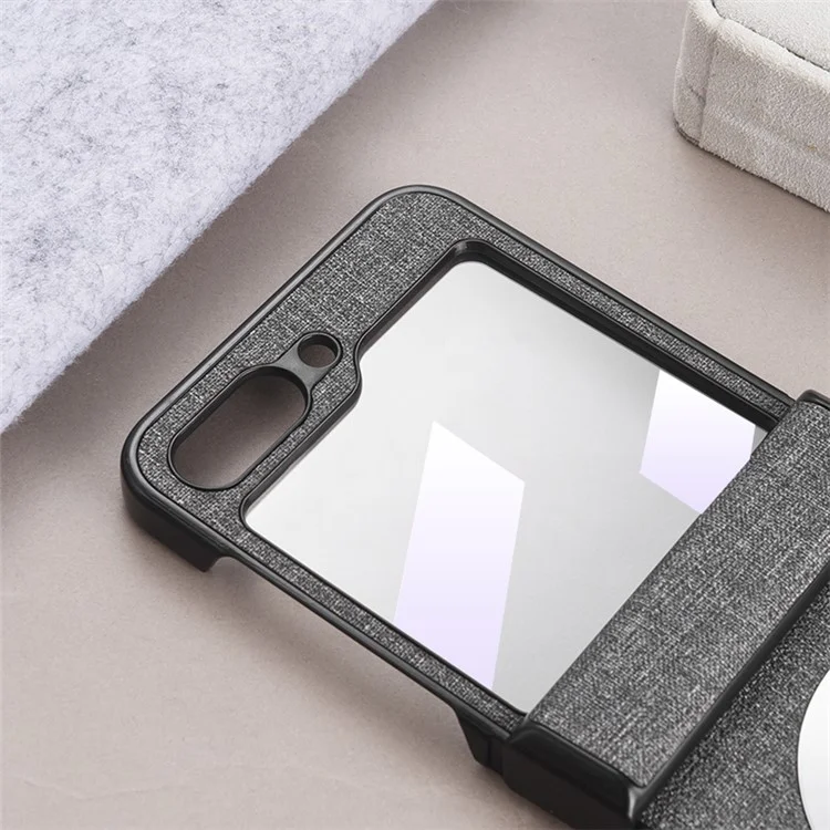For Samsung Galaxy Z Flip5 5G Hinge Design Magnetic Case Cloth Texture Leather+PC Phone Cover with Tempered Glass Rear Screen Protector - Black