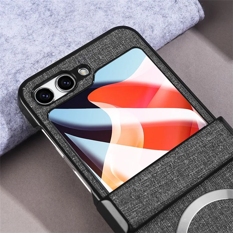 For Samsung Galaxy Z Flip5 5G Hinge Design Magnetic Case Cloth Texture Leather+PC Phone Cover with Tempered Glass Rear Screen Protector - Black