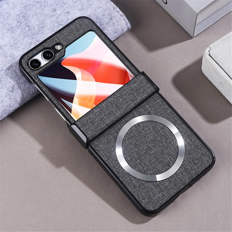 For Samsung Galaxy Z Flip5 5G Hinge Design Magnetic Case Cloth Texture Leather+PC Phone Cover with Tempered Glass Rear Screen Protector - Grey
