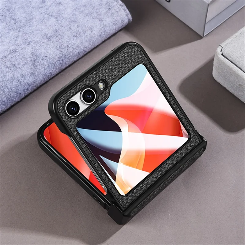 For Samsung Galaxy Z Flip5 5G Hinge Design Magnetic Case Cloth Texture Leather+PC Phone Cover with Tempered Glass Rear Screen Protector - Grey