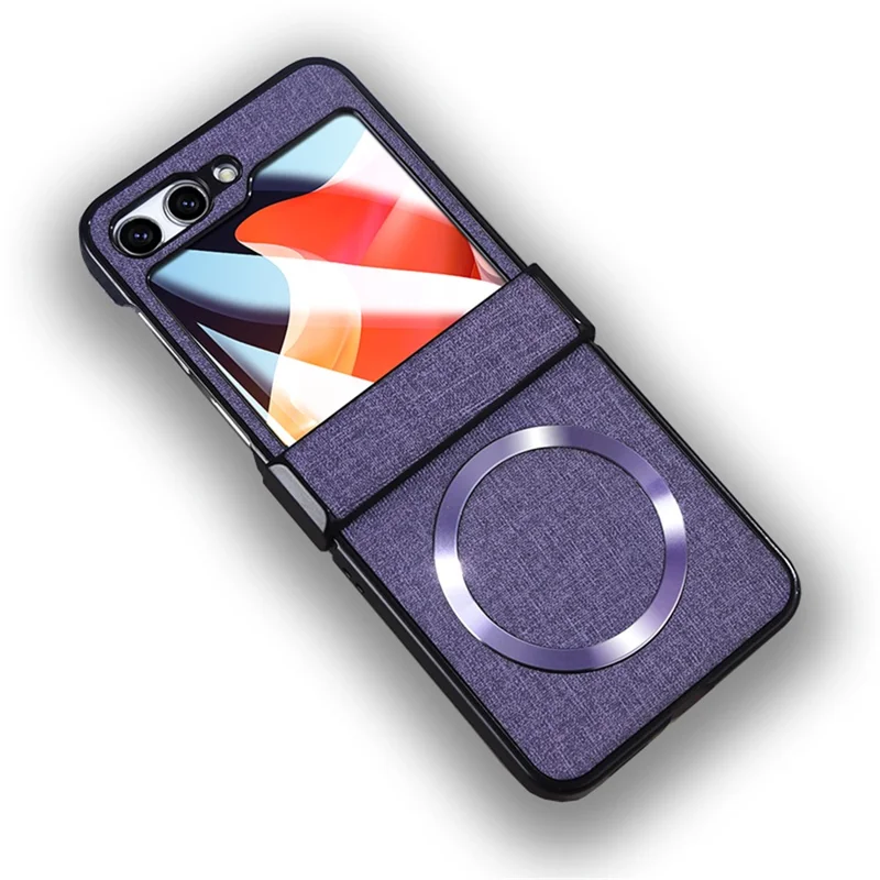 For Samsung Galaxy Z Flip5 5G Hinge Design Magnetic Case Cloth Texture Leather+PC Phone Cover with Tempered Glass Rear Screen Protector - Purple