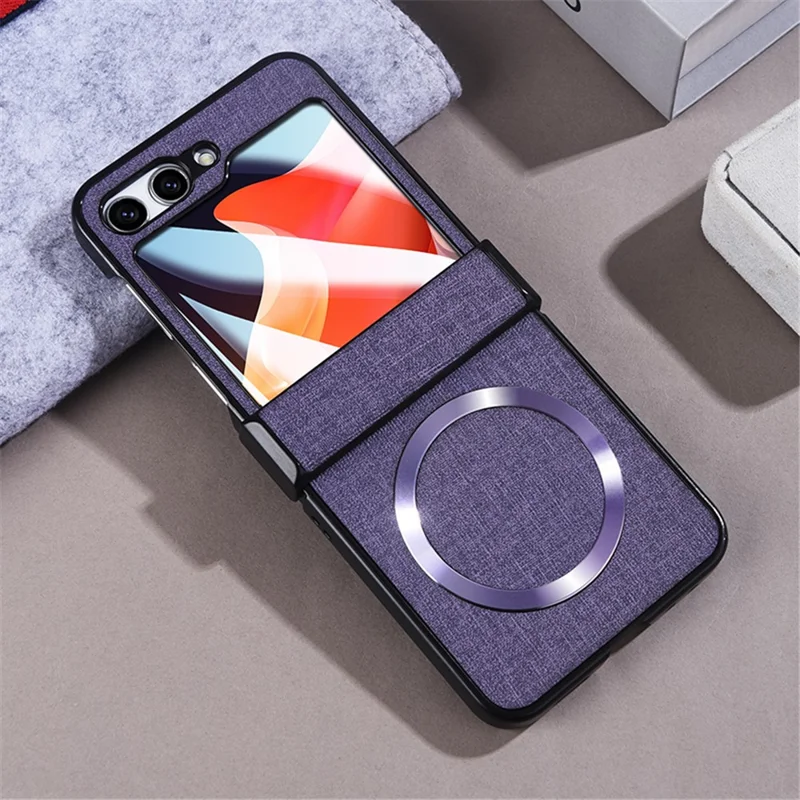 For Samsung Galaxy Z Flip5 5G Hinge Design Magnetic Case Cloth Texture Leather+PC Phone Cover with Tempered Glass Rear Screen Protector - Purple