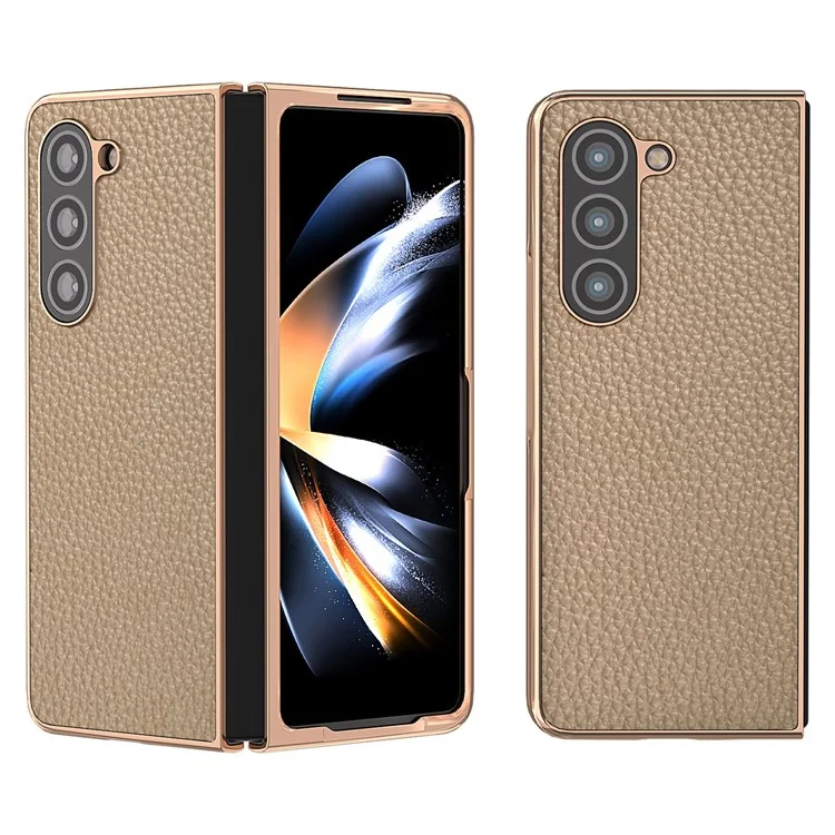 Electroplating Phone Case for Samsung Galaxy Z Fold5 5G , Genuine Cow Leather Coated PC Litchi Texture Protective Cover - Khaki