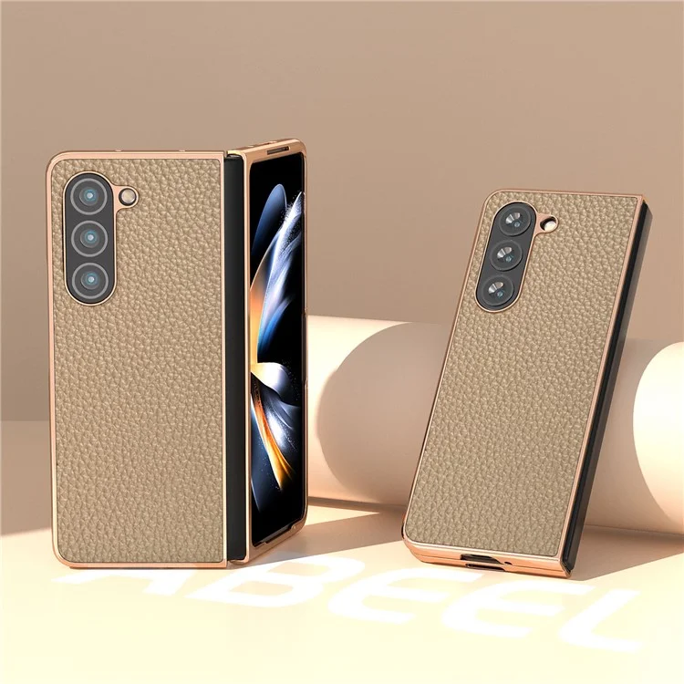 Electroplating Phone Case for Samsung Galaxy Z Fold5 5G , Genuine Cow Leather Coated PC Litchi Texture Protective Cover - Khaki