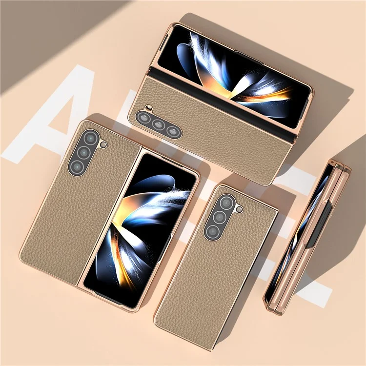 Electroplating Phone Case for Samsung Galaxy Z Fold5 5G , Genuine Cow Leather Coated PC Litchi Texture Protective Cover - Khaki