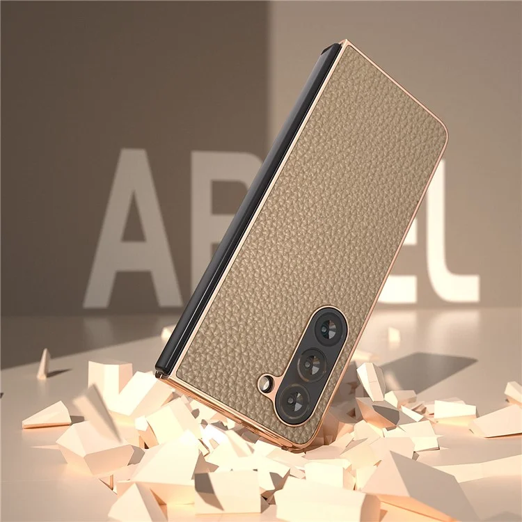 Electroplating Phone Case for Samsung Galaxy Z Fold5 5G , Genuine Cow Leather Coated PC Litchi Texture Protective Cover - Khaki