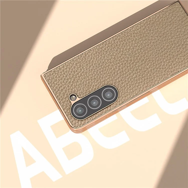 Electroplating Phone Case for Samsung Galaxy Z Fold5 5G , Genuine Cow Leather Coated PC Litchi Texture Protective Cover - Khaki