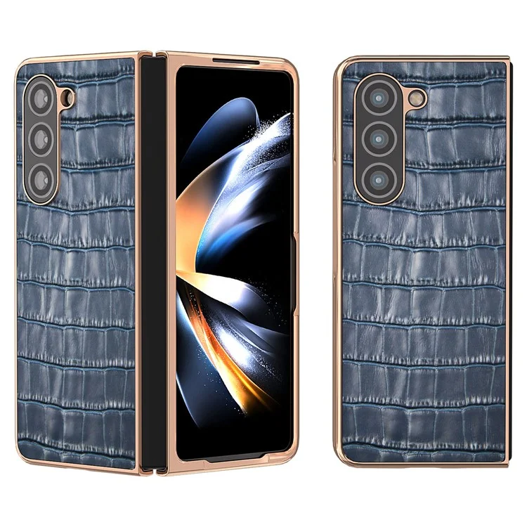 Crocodile Texture Back Cover für Samsung Galaxy Z Fold5 5G, echtes Rindsleder + PC-Galvanisierung Handyhülle - Blau