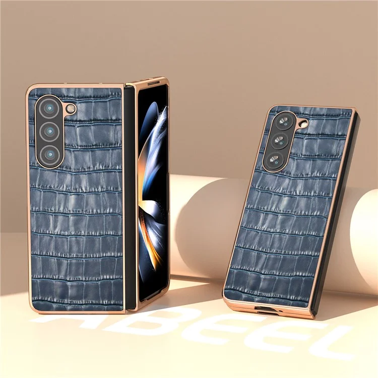 Crocodile Texture Back Cover für Samsung Galaxy Z Fold5 5G, echtes Rindsleder + PC-Galvanisierung Handyhülle - Blau