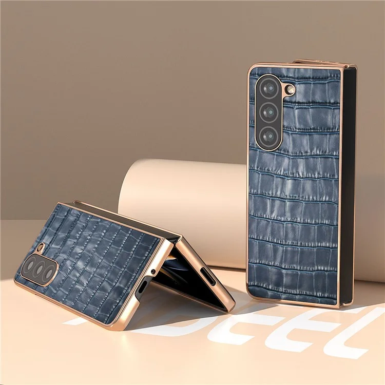 Crocodile Texture Back Cover für Samsung Galaxy Z Fold5 5G, echtes Rindsleder + PC-Galvanisierung Handyhülle - Blau