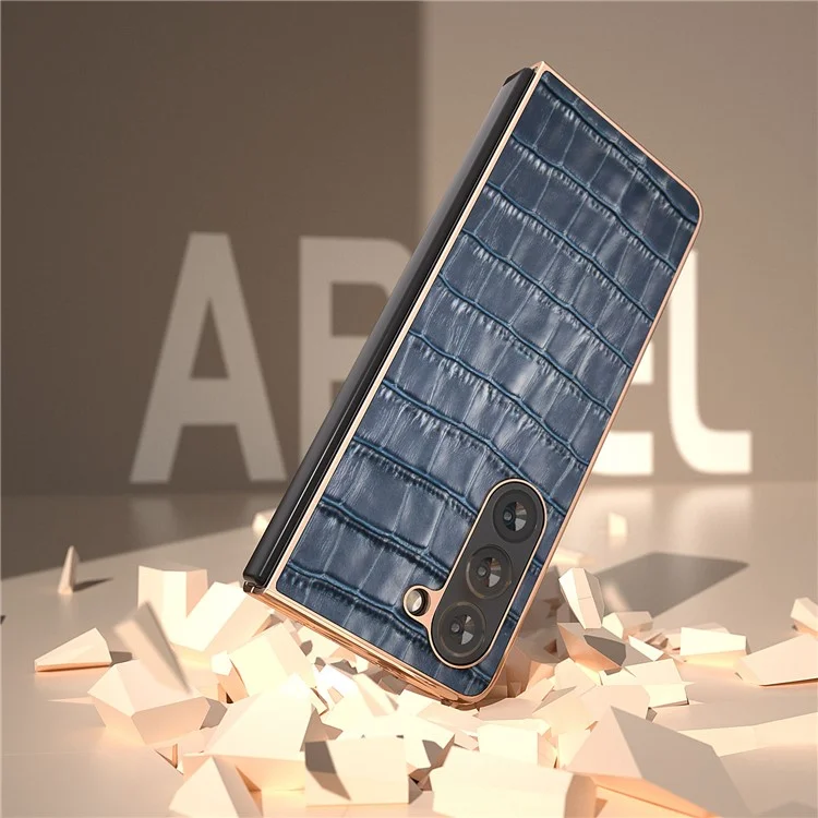 Crocodile Texture Back Cover für Samsung Galaxy Z Fold5 5G, echtes Rindsleder + PC-Galvanisierung Handyhülle - Blau