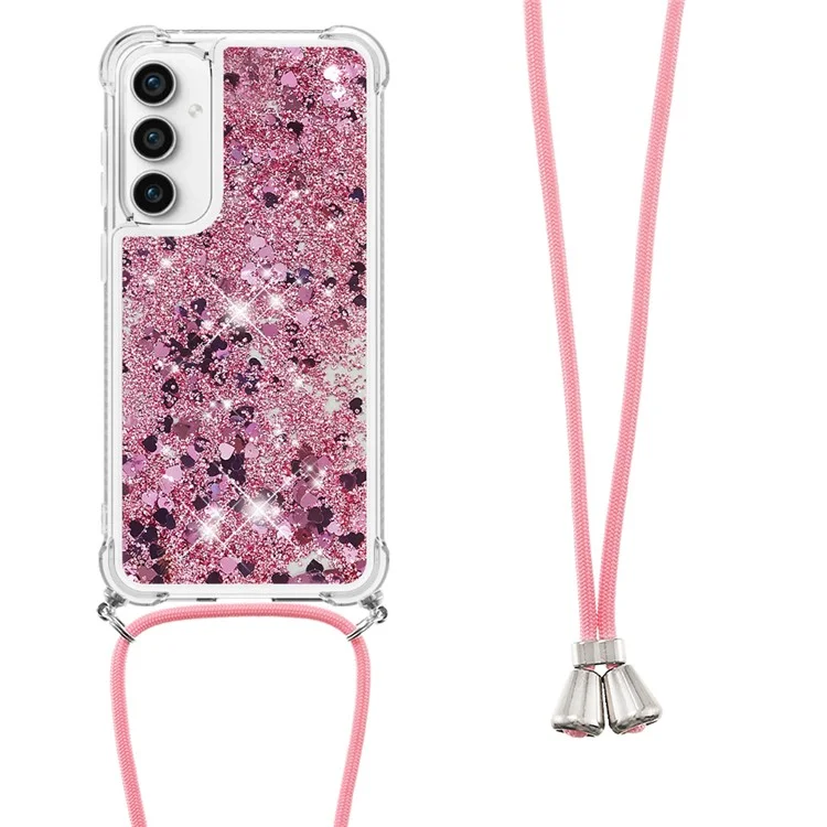 YB Quicksand Series-4 Für Samsung Galaxy S23 FE TPU Handyhülle Glitzer Flüssig-Cover mit Lanyard - Roségold / Herzen