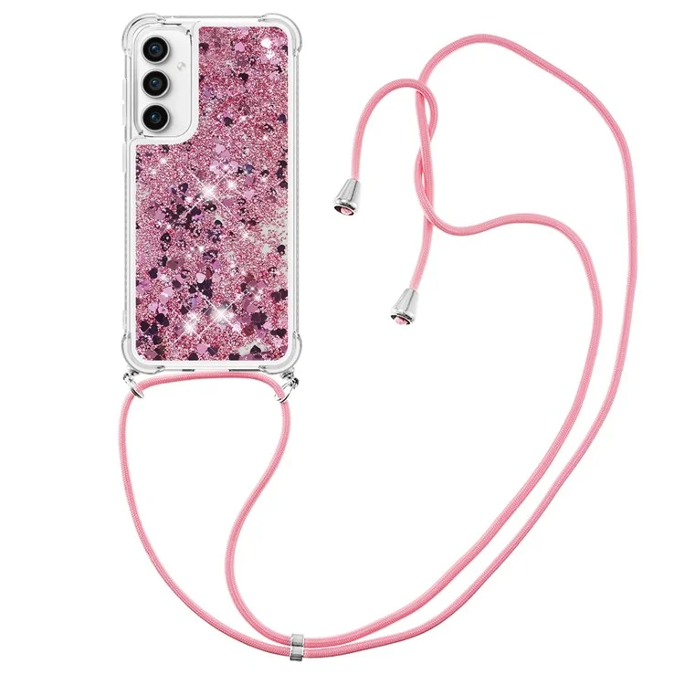 YB Quicksand Series-4 Für Samsung Galaxy S23 FE TPU Handyhülle Glitzer Flüssig-Cover mit Lanyard - Roségold / Herzen