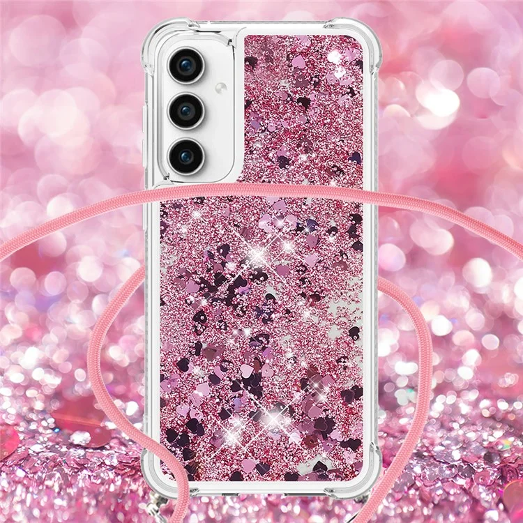 YB Quicksand Series-4 Für Samsung Galaxy S23 FE TPU Handyhülle Glitzer Flüssig-Cover mit Lanyard - Roségold / Herzen
