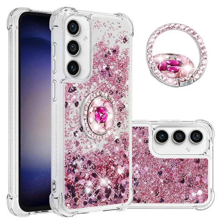 YB Quicksand Series-7 Para Samsung Galaxy S23 FE Kickstand TPU Case Floating Bling Glitter Phone Cover - Rose Gold / Hearts