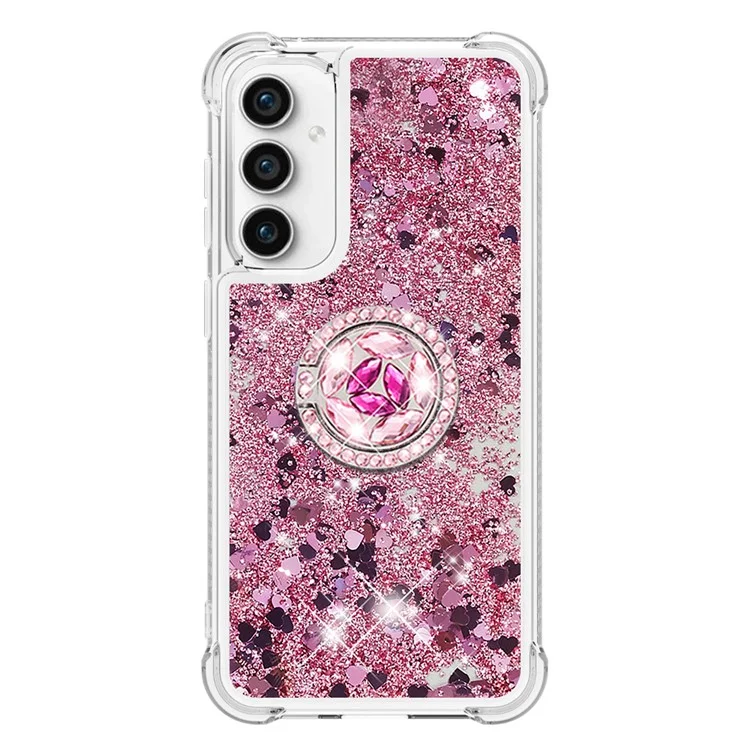 YB Quicksand Series-7 Para Samsung Galaxy S23 FE Kickstand TPU Case Floating Bling Glitter Phone Cover - Rose Gold / Hearts